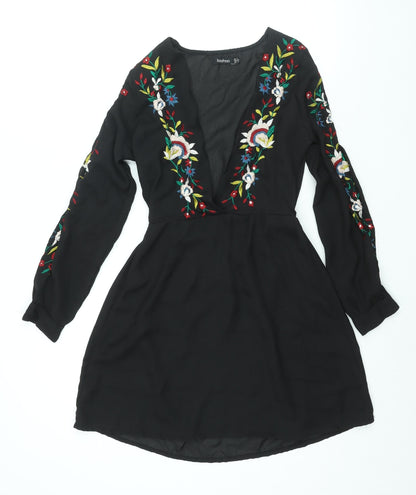 Boohoo Womens Black Polyester A-Line Size 8 V-Neck Pullover - Floral Embroidery
