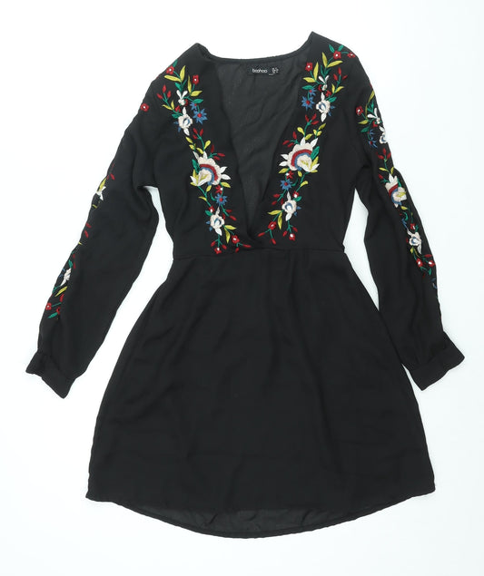 Boohoo Womens Black Polyester A-Line Size 8 V-Neck Pullover - Floral Embroidery