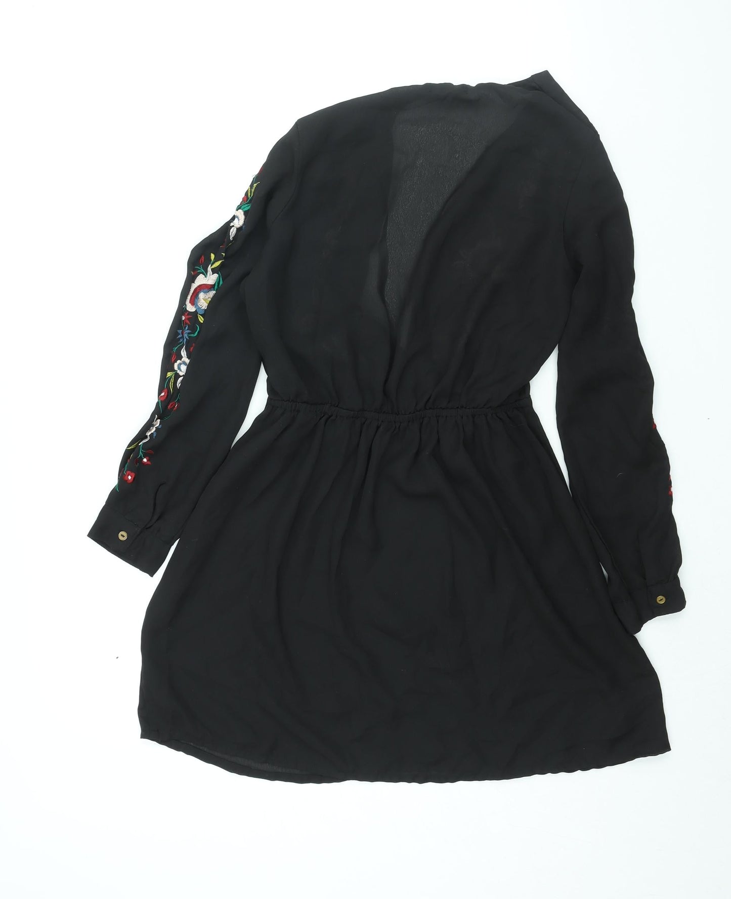 Boohoo Womens Black Polyester A-Line Size 8 V-Neck Pullover - Floral Embroidery