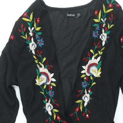 Boohoo Womens Black Polyester A-Line Size 8 V-Neck Pullover - Floral Embroidery