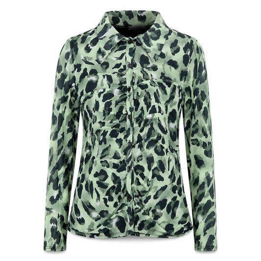 Front view of Principles women’s green geometric polyester basic button-up, size UK 10, collared - rouched