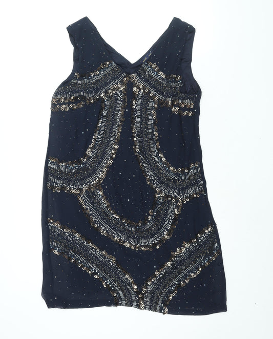 NEXT Womens Blue Polyester Shift Size 16 V-Neck Zip - Geometric Sequin
