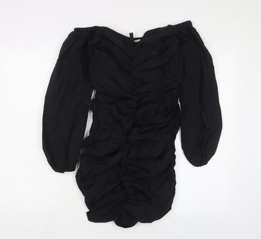 H&M Womens Black Polyamide A-Line Size 10 Off the Shoulder Zip - Ruched