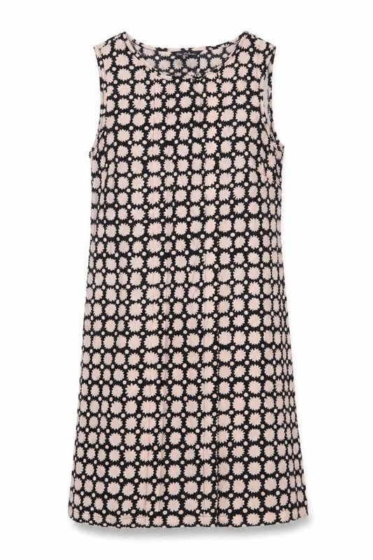 Front view of Miss Selfridge women’s pink geometric viscose sheath, size UK 10, boat neck pullover