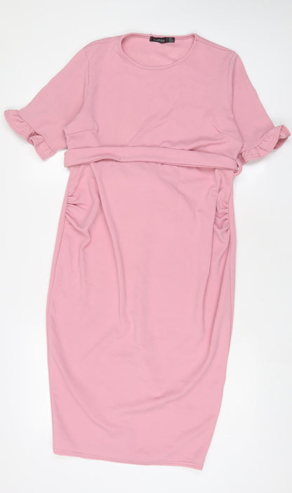 Boohoo Womens Pink Polyester Sheath Size 12 Crew Neck Pullover - Belted