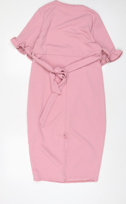Boohoo Womens Pink Polyester Sheath Size 12 Crew Neck Pullover - Belted