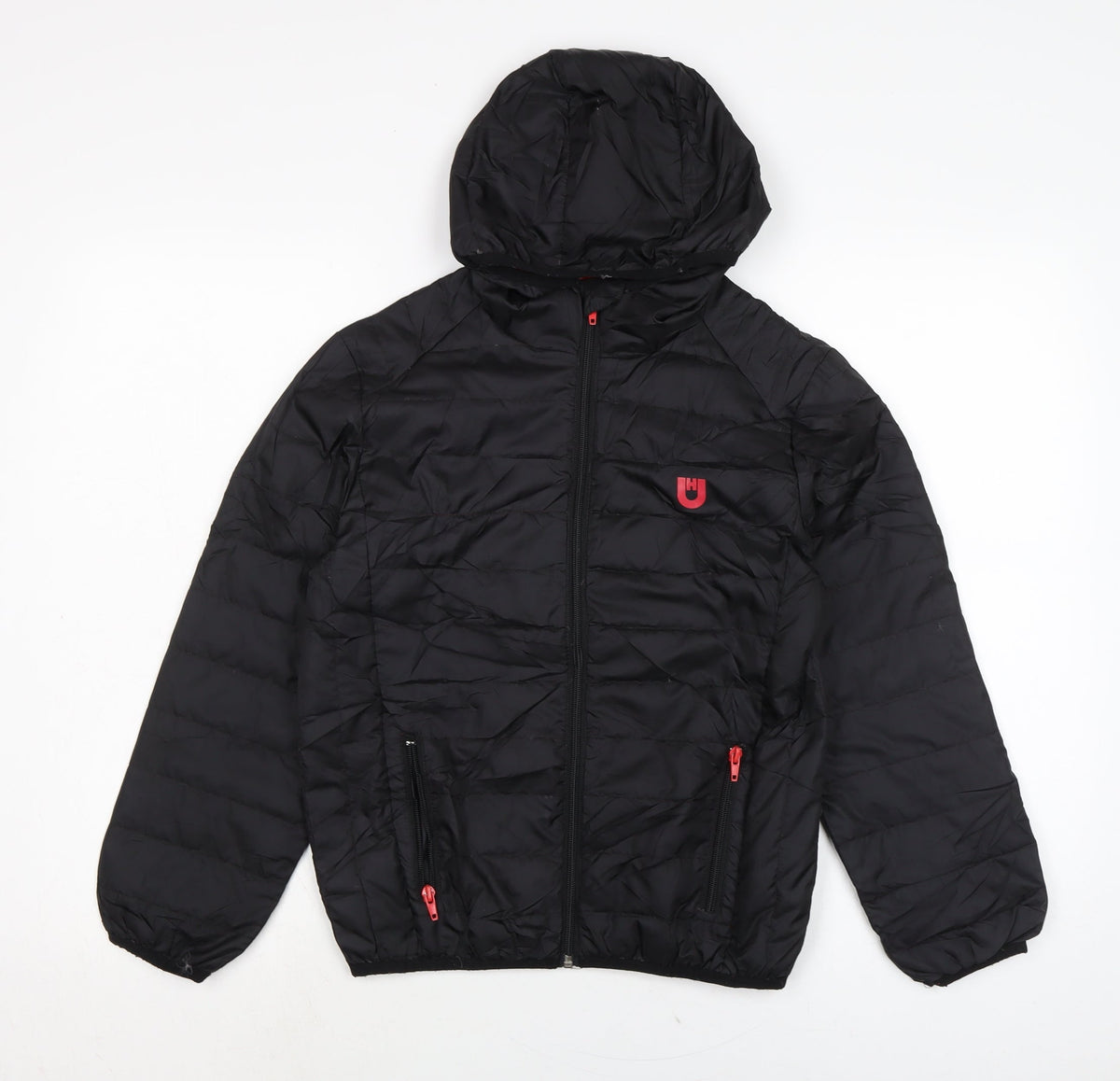 Additional front view of UNSUNGHERO boys’ black quilted jacket, size M, zip