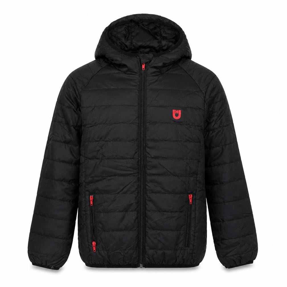 Front view of UNSUNGHERO boys’ black quilted jacket, size M, zip
