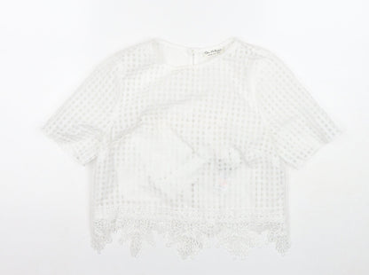 Miss Selfridge Womens White Check Polyester Basic Blouse Size 6 Round Neck