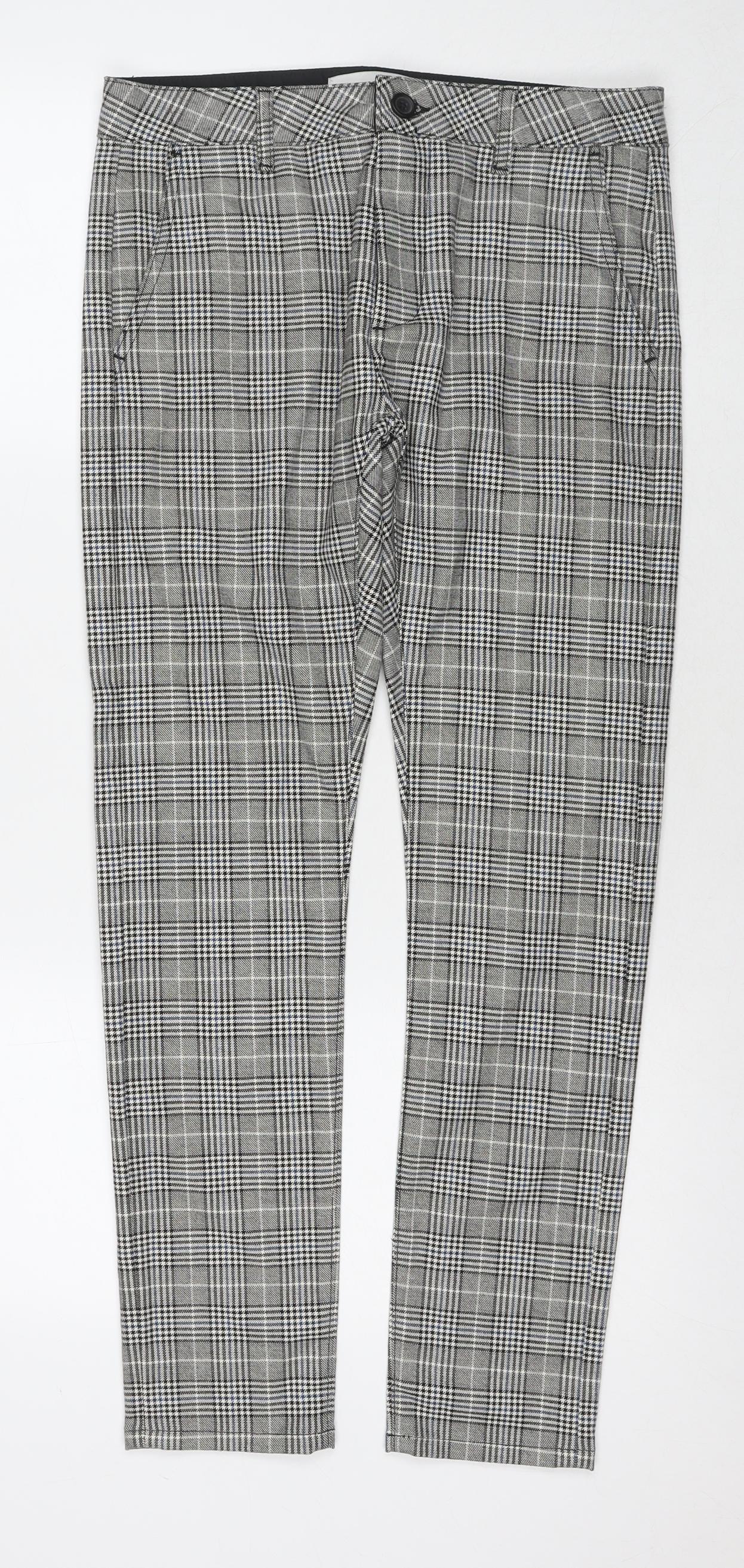 Topman Mens Grey Check Polyester Trousers Size 30 in L30 in Regular Zip