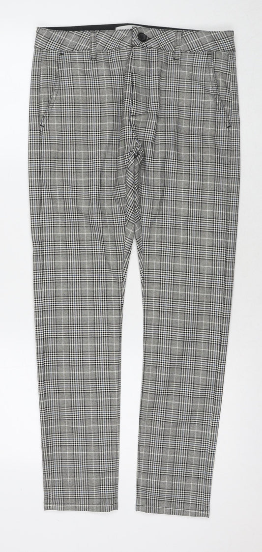 Topman Mens Grey Check Polyester Trousers Size 30 in L30 in Regular Zip