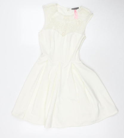 Lipsy Womens White Polyester Fit & Flare Size 8 Round Neck Zip - Lace Detail