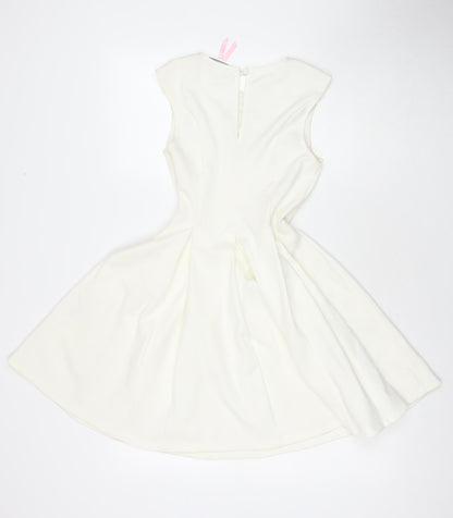 Lipsy Womens White Polyester Fit & Flare Size 8 Round Neck Zip - Lace Detail