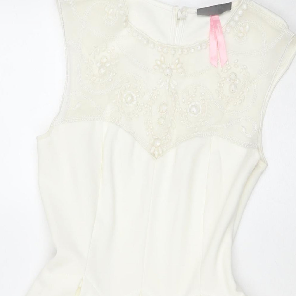 Lipsy Womens White Polyester Fit & Flare Size 8 Round Neck Zip - Lace Detail