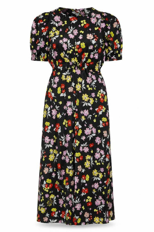 Front view of ASOS women’s black floral polyester maxi, size UK 10, round neck zip