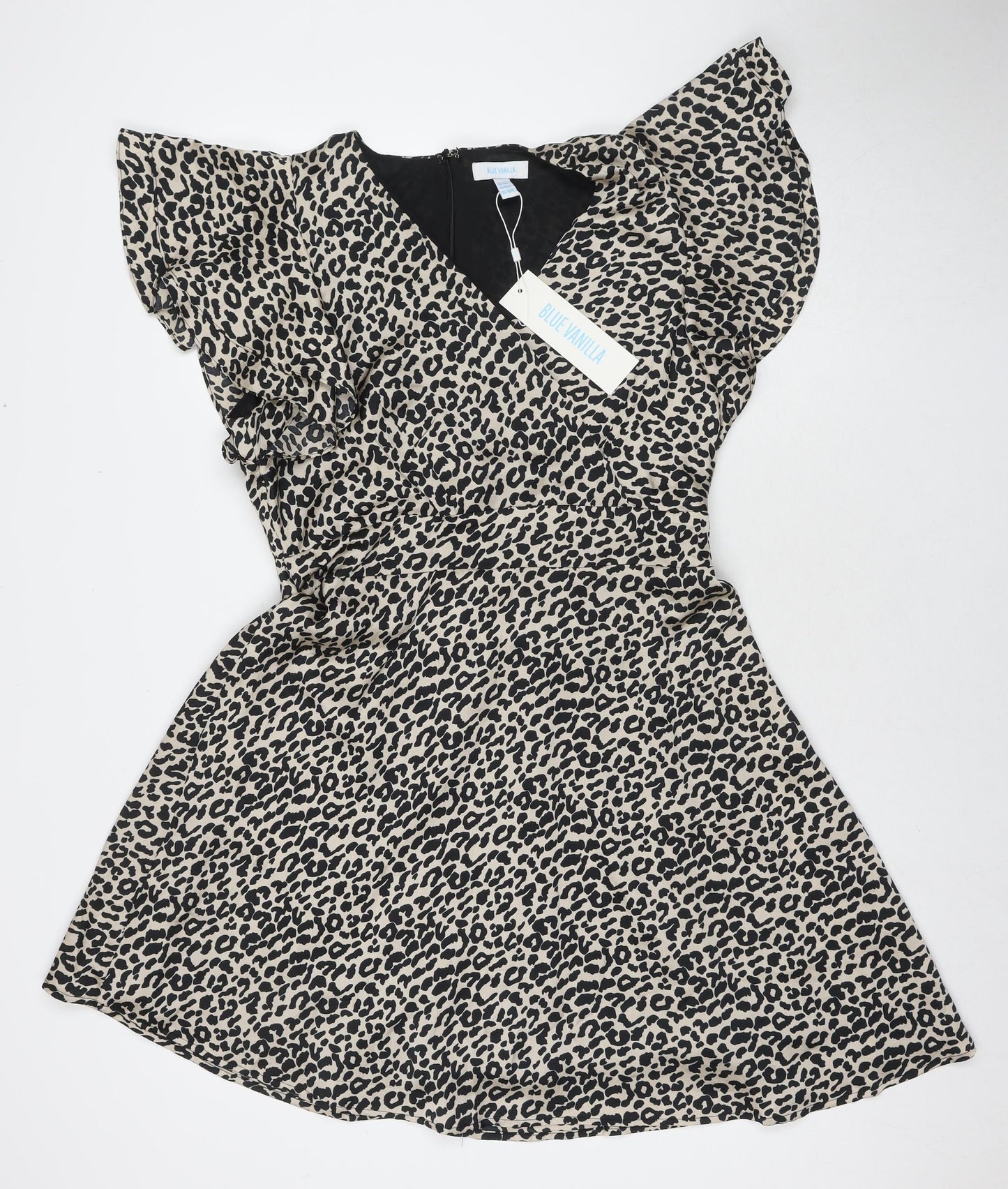 Blue Vanilla Womens Beige Animal Print Polyester Fit & Flare Size 14 V-Neck Zip