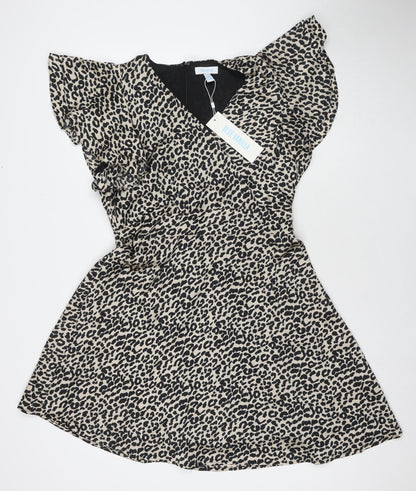 Blue Vanilla Womens Beige Animal Print Polyester Fit & Flare Size 14 V-Neck Zip