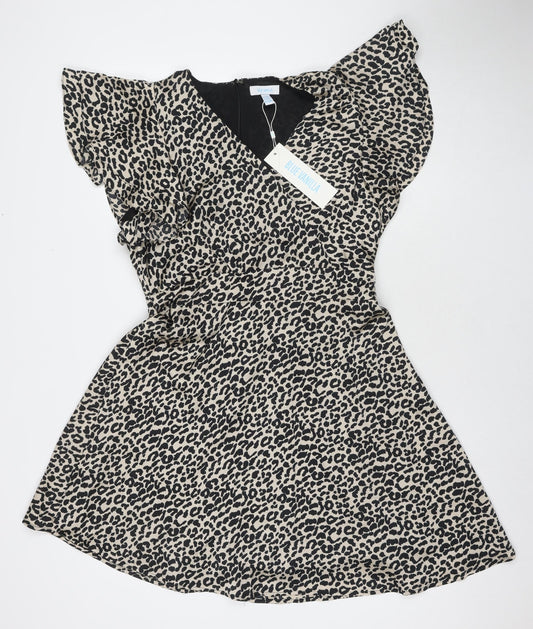 Blue Vanilla Womens Beige Animal Print Polyester Fit & Flare Size 14 V-Neck Zip