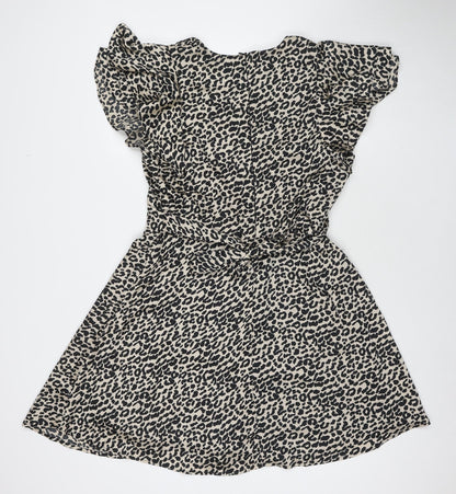 Blue Vanilla Womens Beige Animal Print Polyester Fit & Flare Size 14 V-Neck Zip