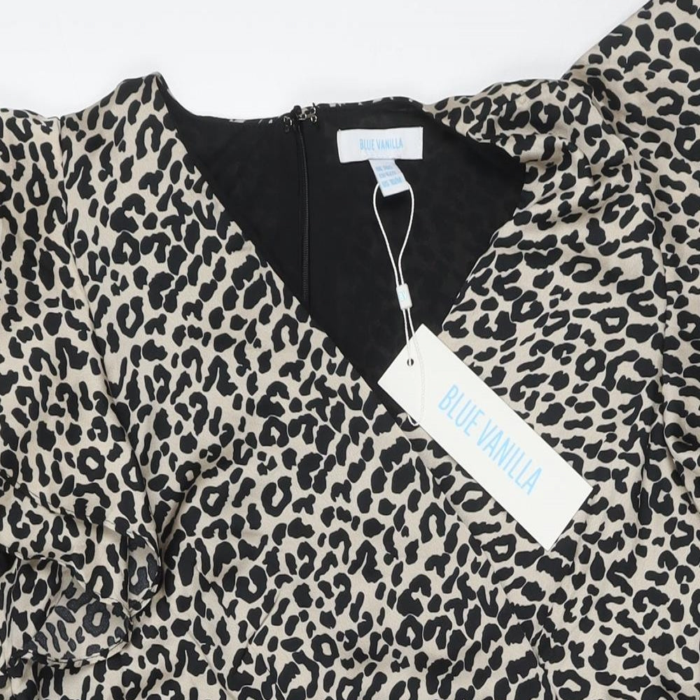 Blue Vanilla Womens Beige Animal Print Polyester Fit & Flare Size 14 V-Neck Zip