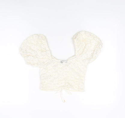 Topshop Womens Ivory Floral Nylon Cropped T-Shirt Size 6 Square Neck