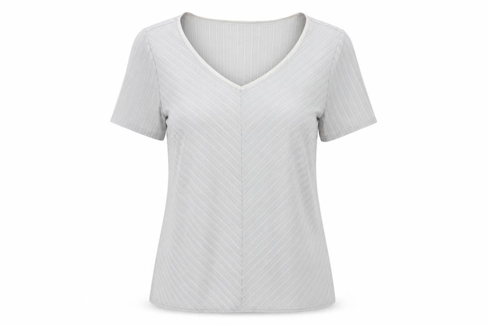 Essence Womens Grey Striped Polyester Basic T-Shirt Size 20 V-Neck