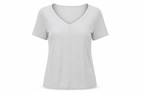 Essence Womens Grey Striped Polyester Basic T-Shirt Size 20 V-Neck