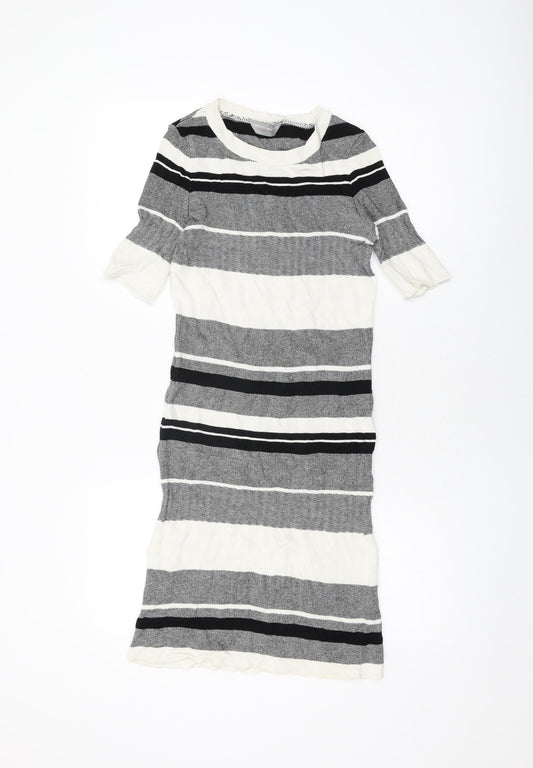 Dorothy Perkins Womens White Striped Viscose Bodycon Size 6 Round Neck Pullover