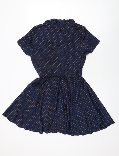Glamorous Womens Blue Geometric Polyester Skater Dress Size 8 V-Neck Button