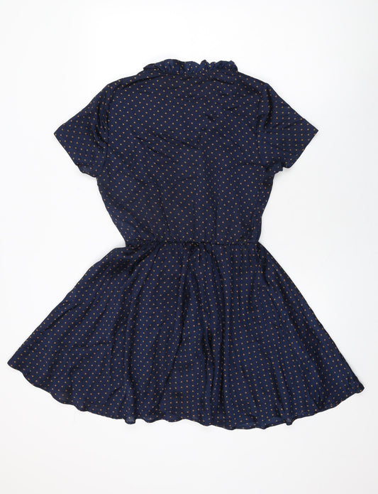 Glamorous Womens Blue Geometric Polyester Skater Dress Size 8 V-Neck Button