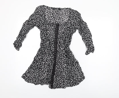 Motel Womens Black Floral Viscose Skater Dress Size XS Square Neck Hook & Eye