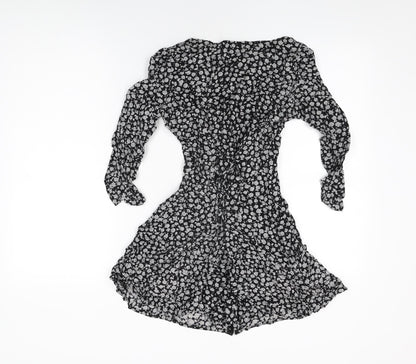 Motel Womens Black Floral Viscose Skater Dress Size XS Square Neck Hook & Eye