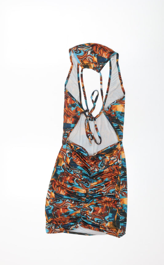 PRETTYLITTLETHING Womens Multicoloured Geometric Polyester Bodycon Size 12 V-Neck Tie