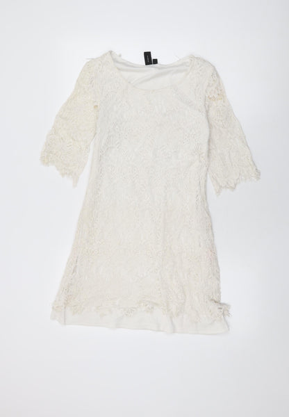 Izabel London Womens White Floral Polyester Mini Size 8 Round Neck Lace Up