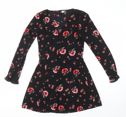 H&M Womens Multicoloured Floral Polyester A-Line Size 8 V-Neck
