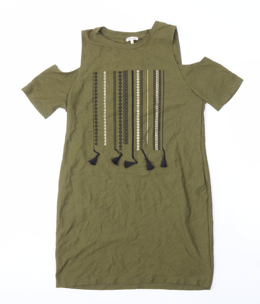 River Island Womens Green Geometric Cotton Shift Size 10 Round Neck - Cold shoulder