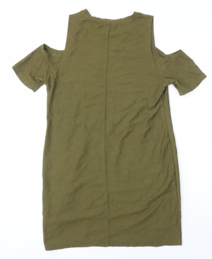 River Island Womens Green Geometric Cotton Shift Size 10 Round Neck - Cold shoulder