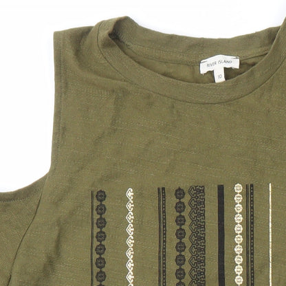 River Island Womens Green Geometric Cotton Shift Size 10 Round Neck - Cold shoulder