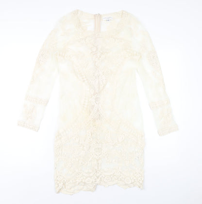 Almost Famous Womens Ivory Cotton A-Line Size 8 Round Neck Zip