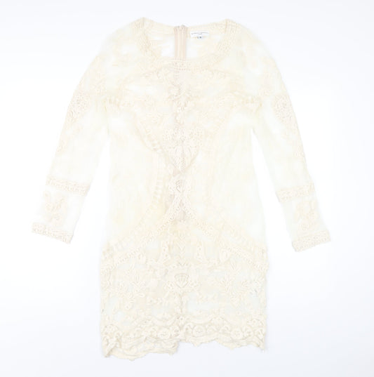 Almost Famous Womens Ivory Cotton A-Line Size 8 Round Neck Zip