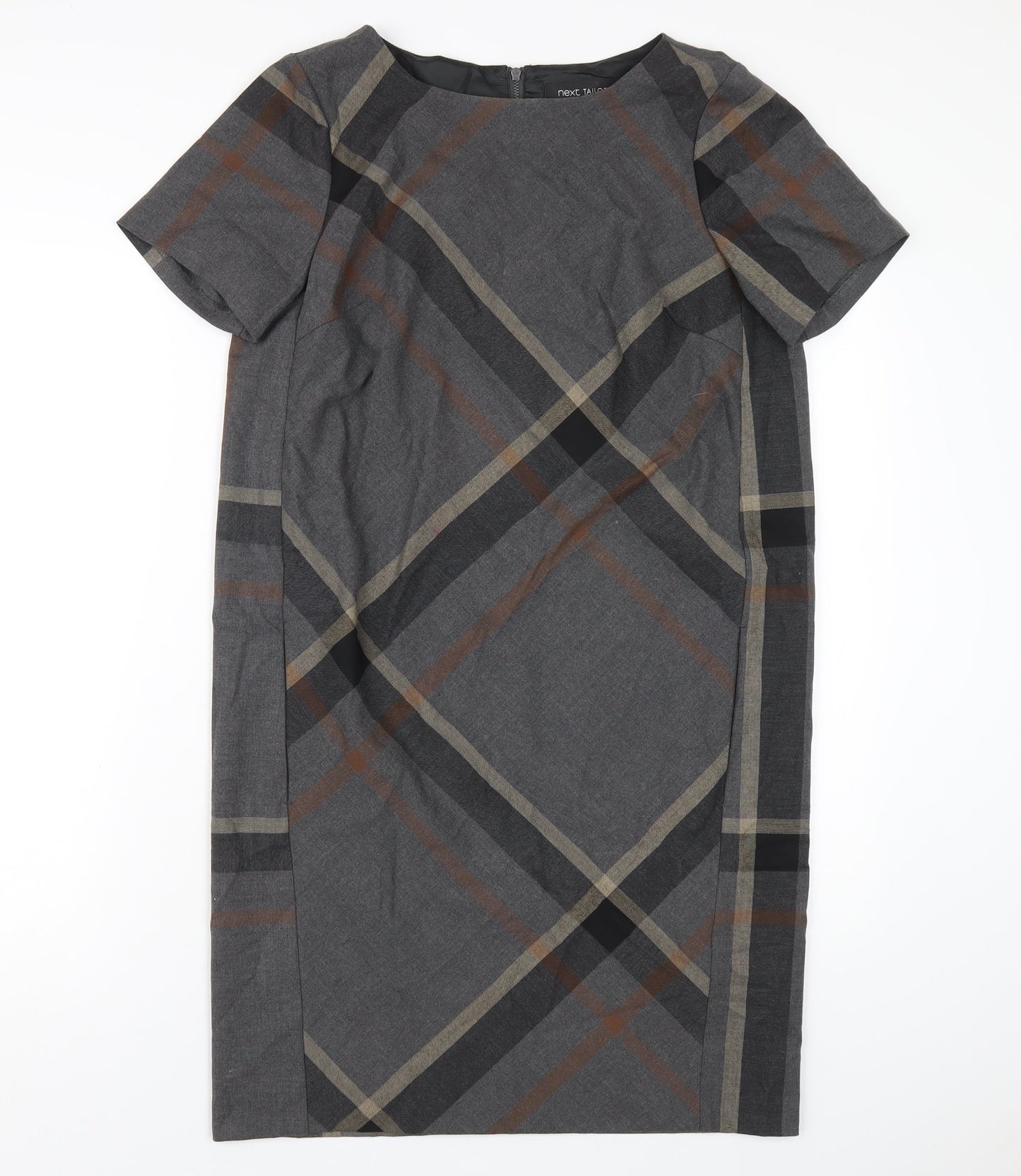 NEXT Womens Grey Plaid Polyester Pencil Dress Size 10 Round Neck Zip