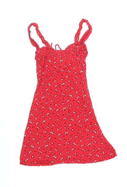 PRETTYLITTLETHING Womens Red Floral Viscose Mini Size 6 Sweetheart Pullover