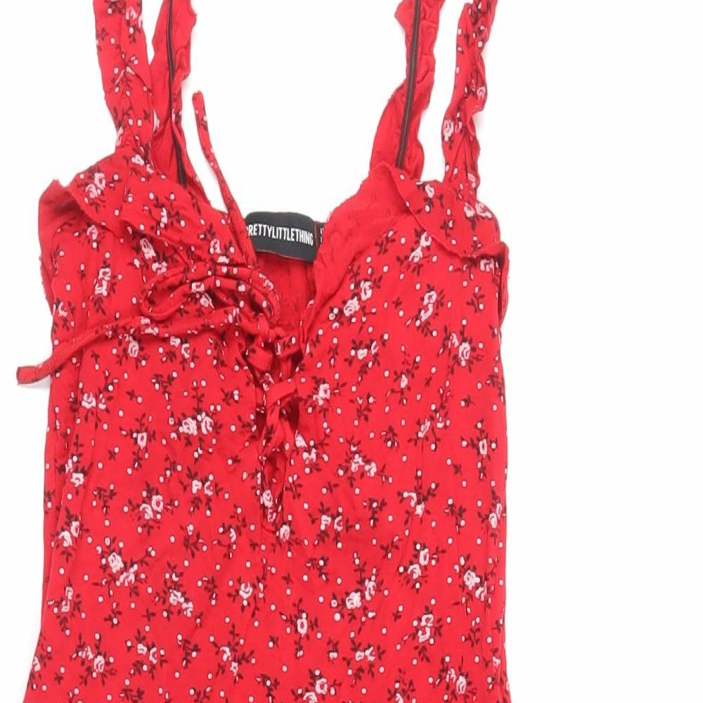 PRETTYLITTLETHING Womens Red Floral Viscose Mini Size 6 Sweetheart Pullover
