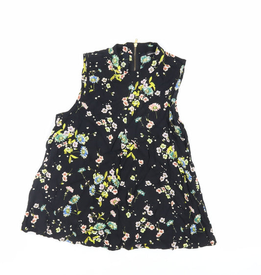 Warehouse Womens Black Floral Viscose Basic Blouse Size 8 Mock Neck