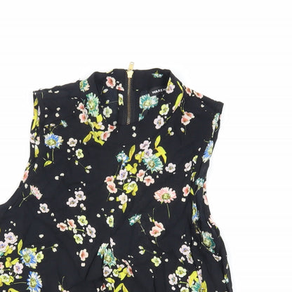 Warehouse Womens Black Floral Viscose Basic Blouse Size 8 Mock Neck