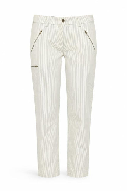 Next Womens Beige Striped Cotton Trousers Size 12 L28 in Regular Button
