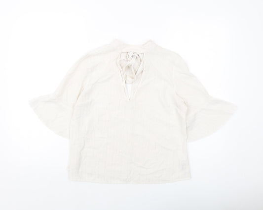 Miss Selfridge Womens Beige Striped Polyester Basic Blouse Size 10 V-Neck