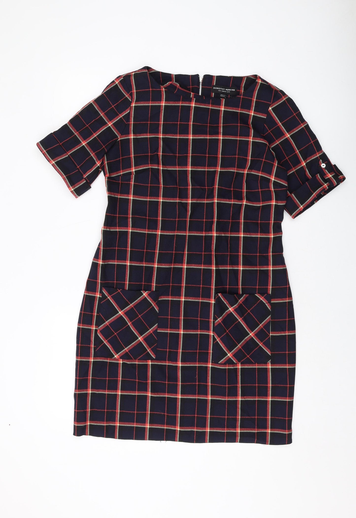 Dorothy Perkins Womens Blue Plaid Polyester A-Line Size 12 Round Neck Zip