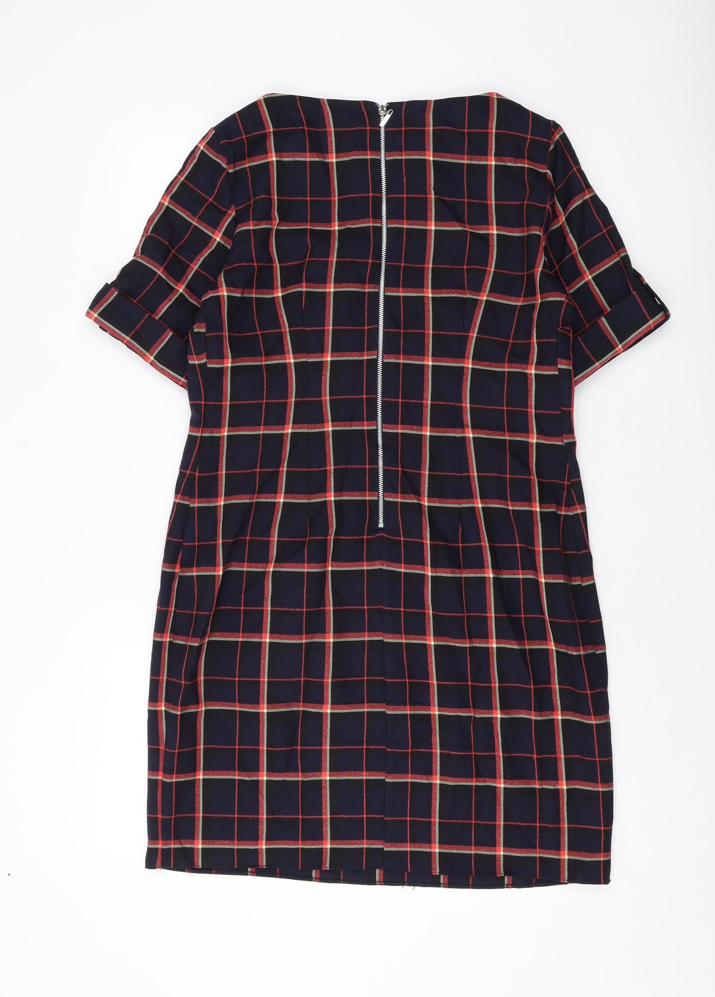 Dorothy Perkins Womens Blue Plaid Polyester A-Line Size 12 Round Neck Zip