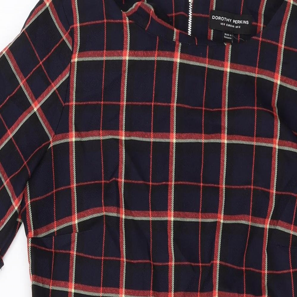 Dorothy Perkins Womens Blue Plaid Polyester A-Line Size 12 Round Neck Zip